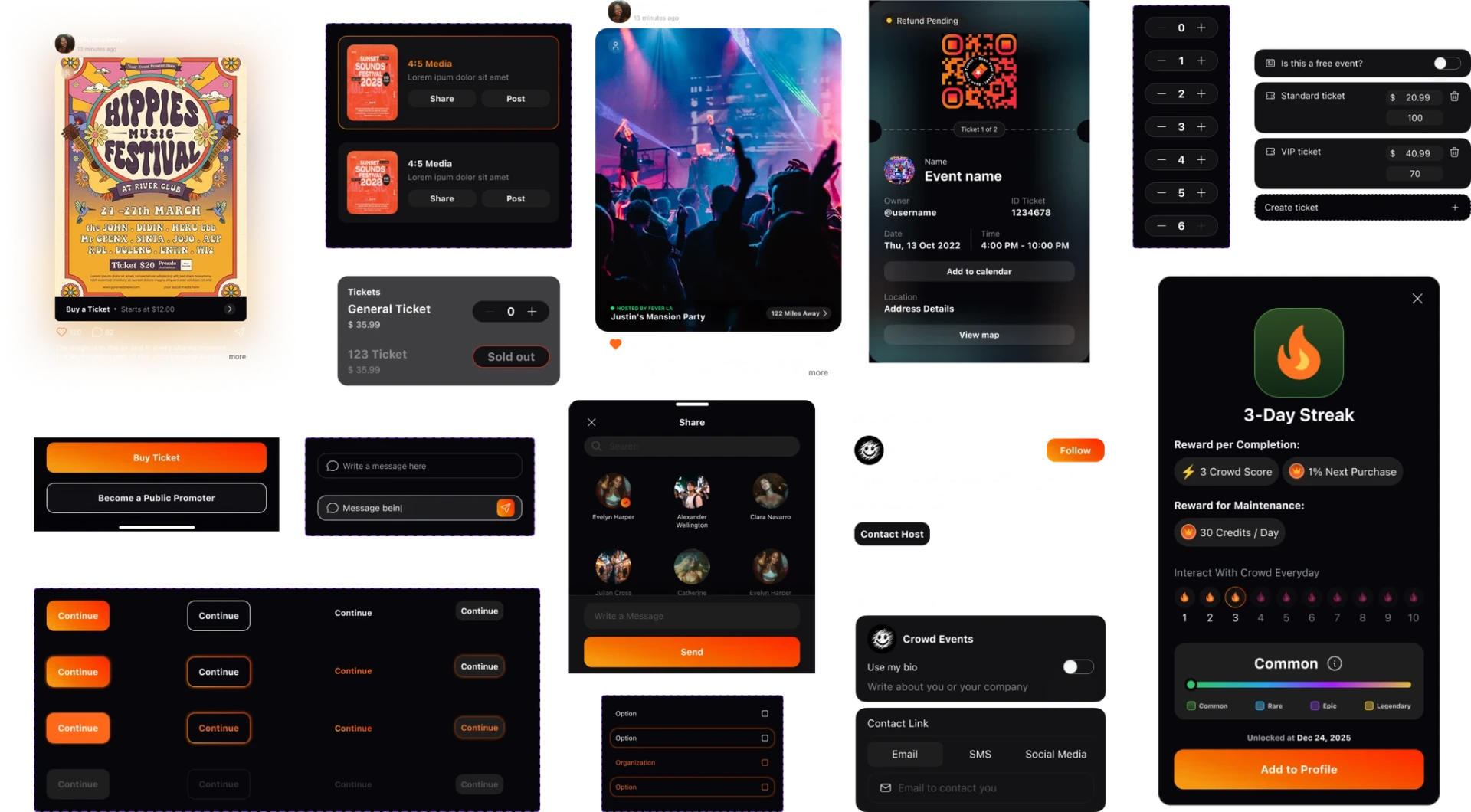 Componentes de UI: ingressos, compartilhamento, criador de ingressos, recompensas e botões