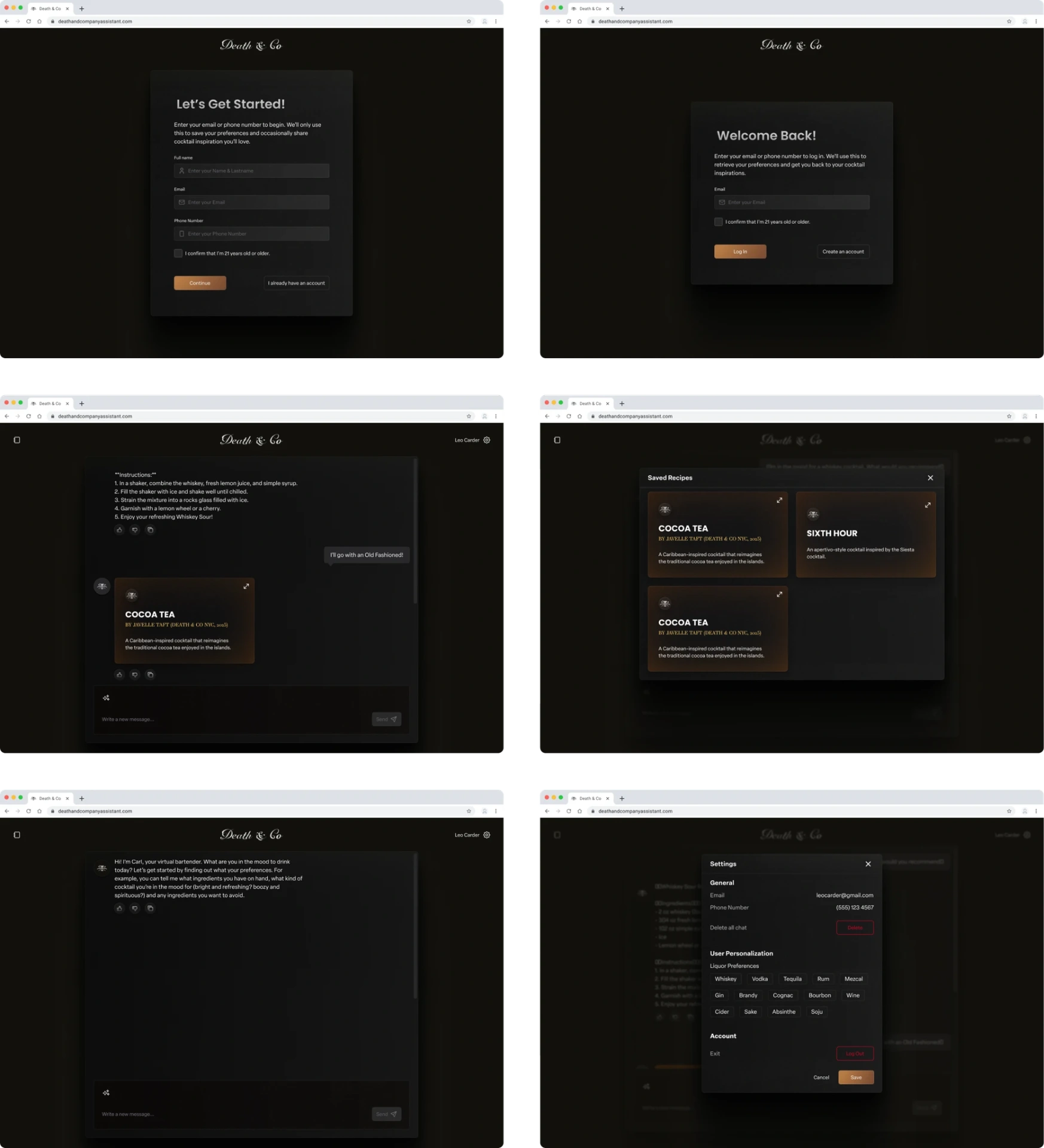 Seis telas no desktop: onboarding, login, chat, receitas salvas e ajustes