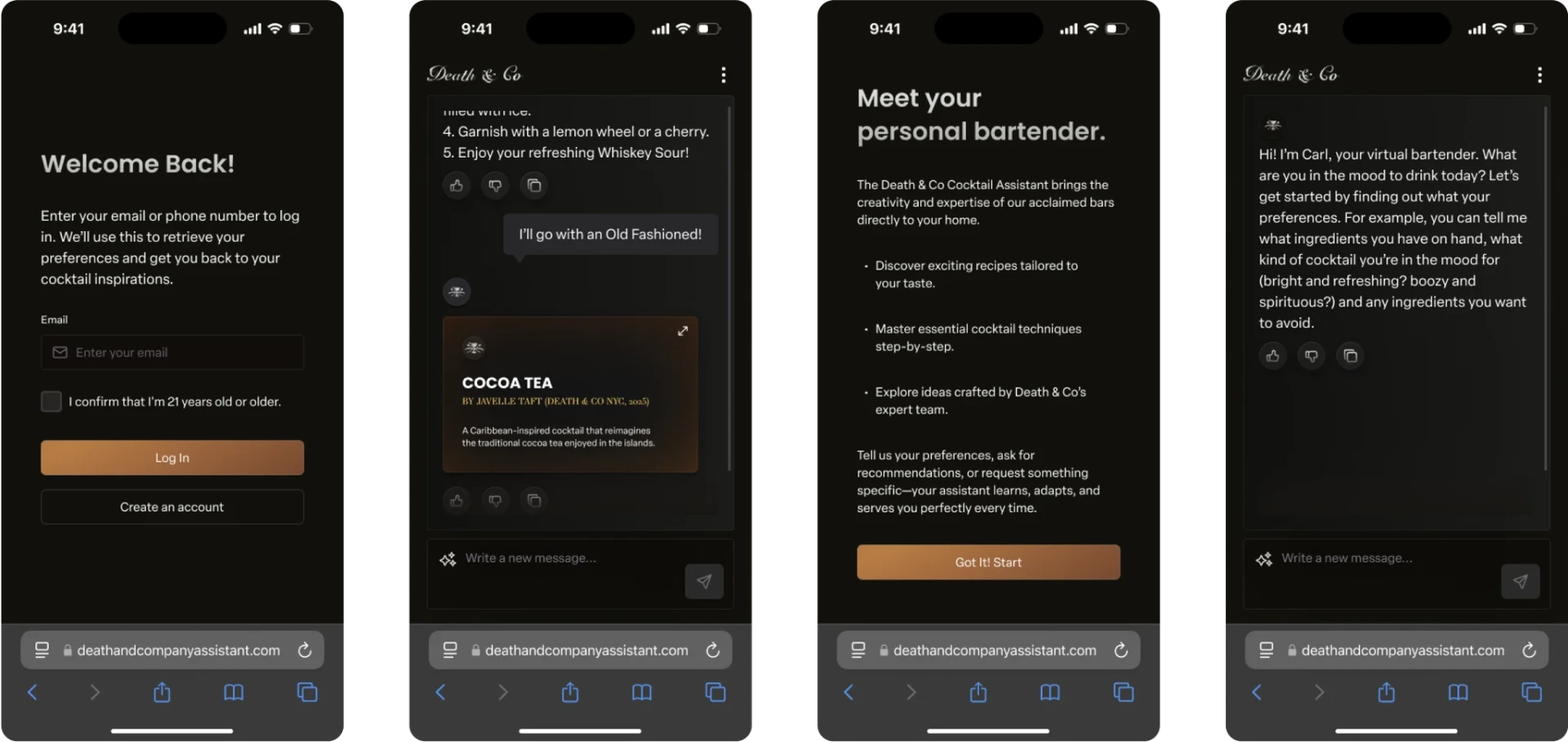 Quatro telas no celular: boas-vindas, chat com card de coquetel, introdução e saudação do bartender