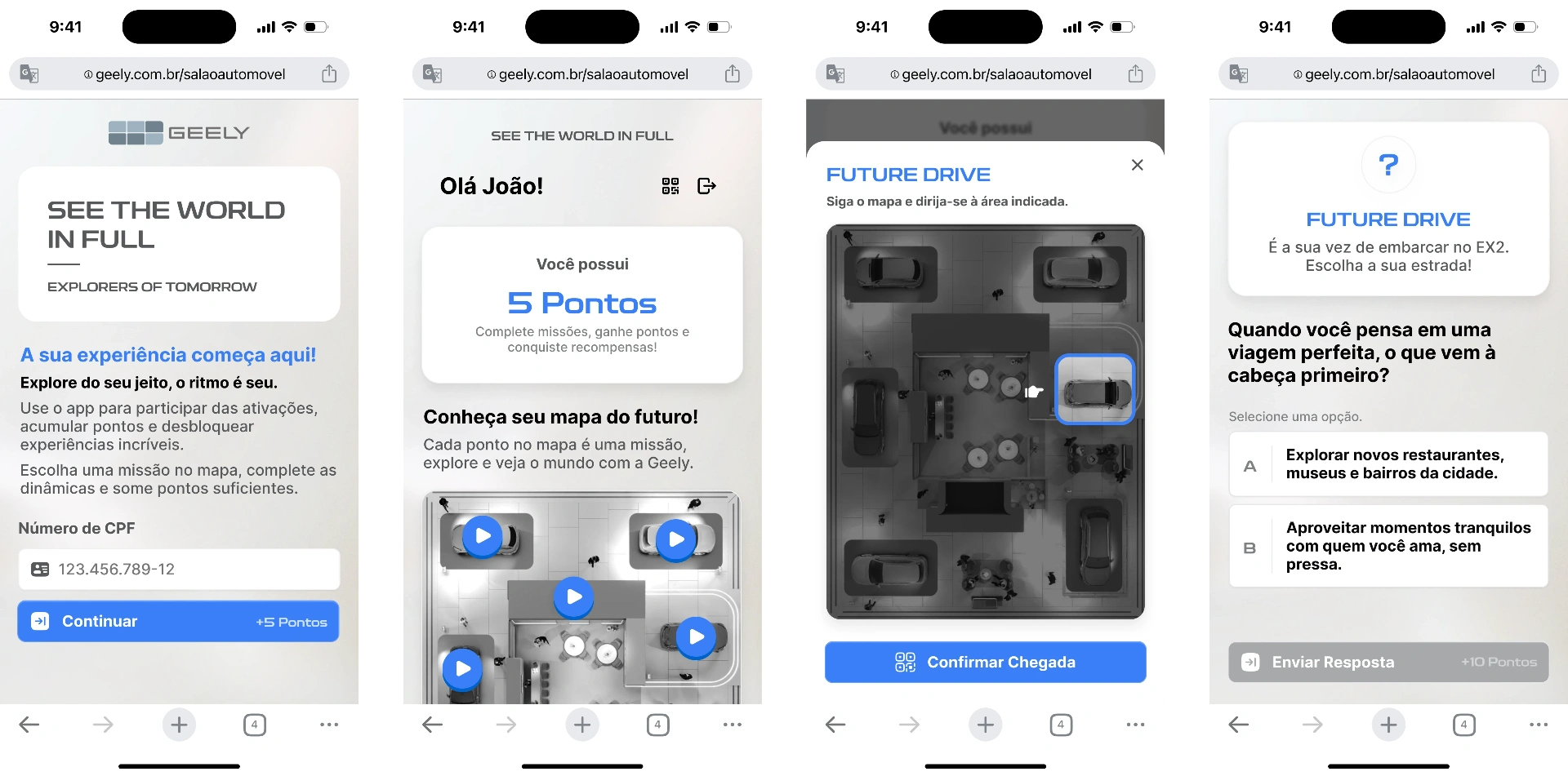 App da Geely: onboarding, mapa de pontos e a missão Future Drive