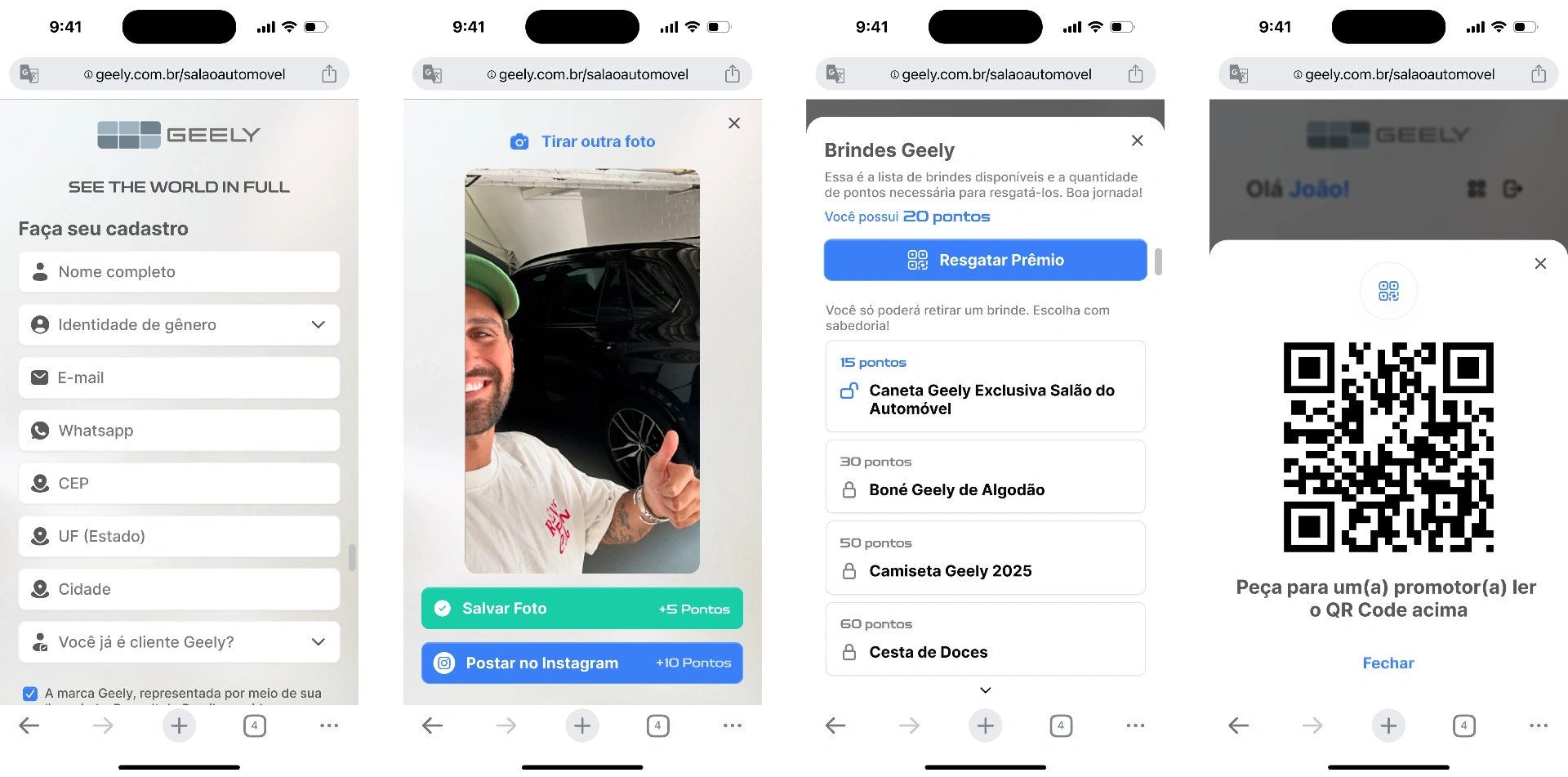 App da Geely: cadastro, selfie, catálogo de recompensas e resgate por QR