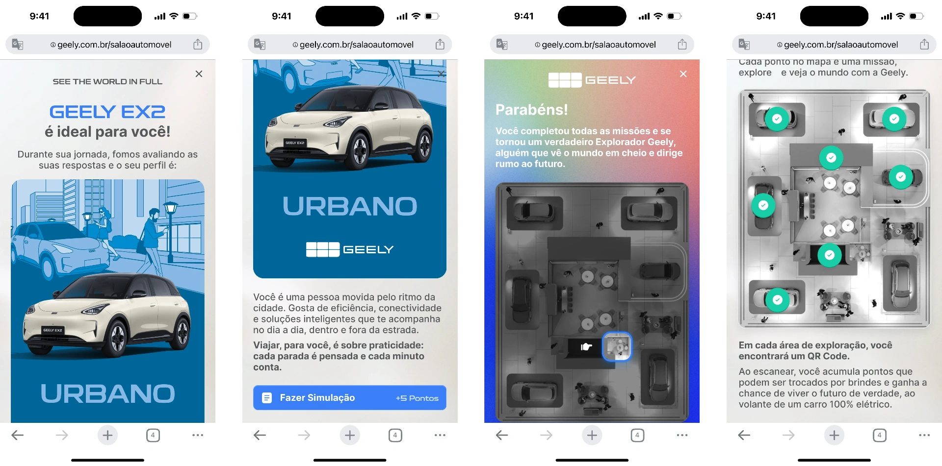 App da Geely: perfil EX2, arquétipo Urbano e mapa de exploração completo