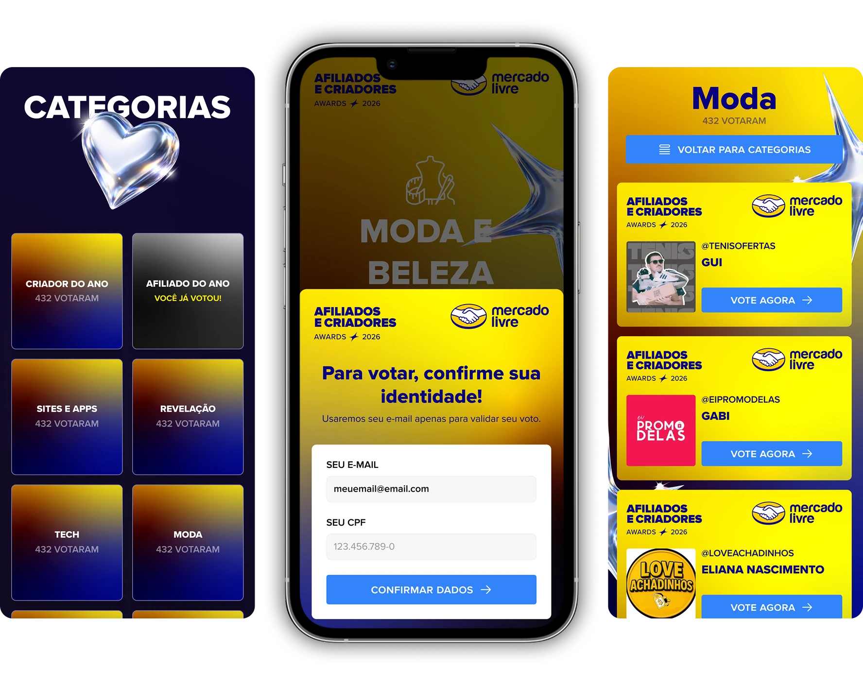 Fluxo de votação pública no celular, por categorias