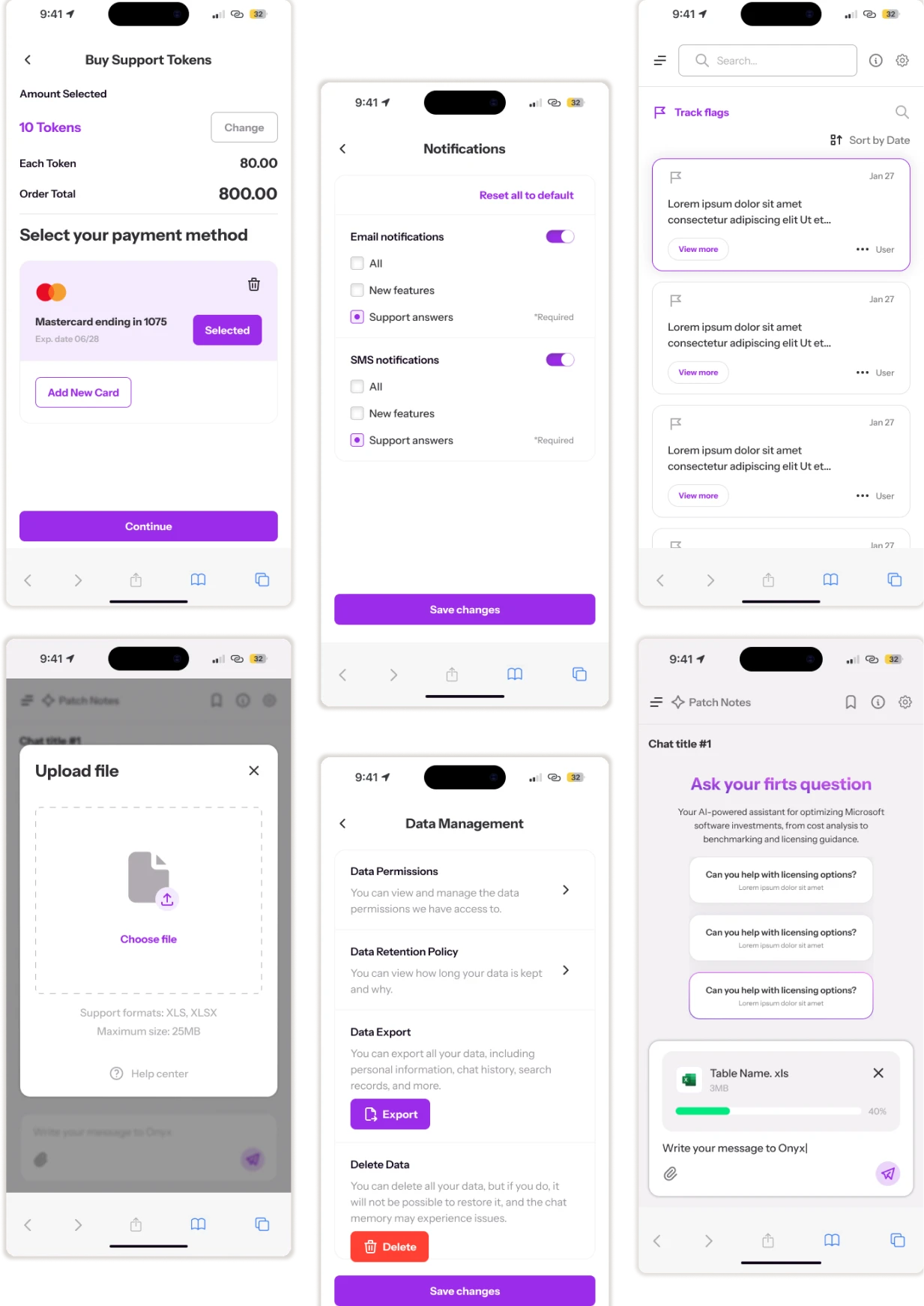 Seis telas no celular: compra de tokens, notificações, suporte, upload de arquivos, dados e chat