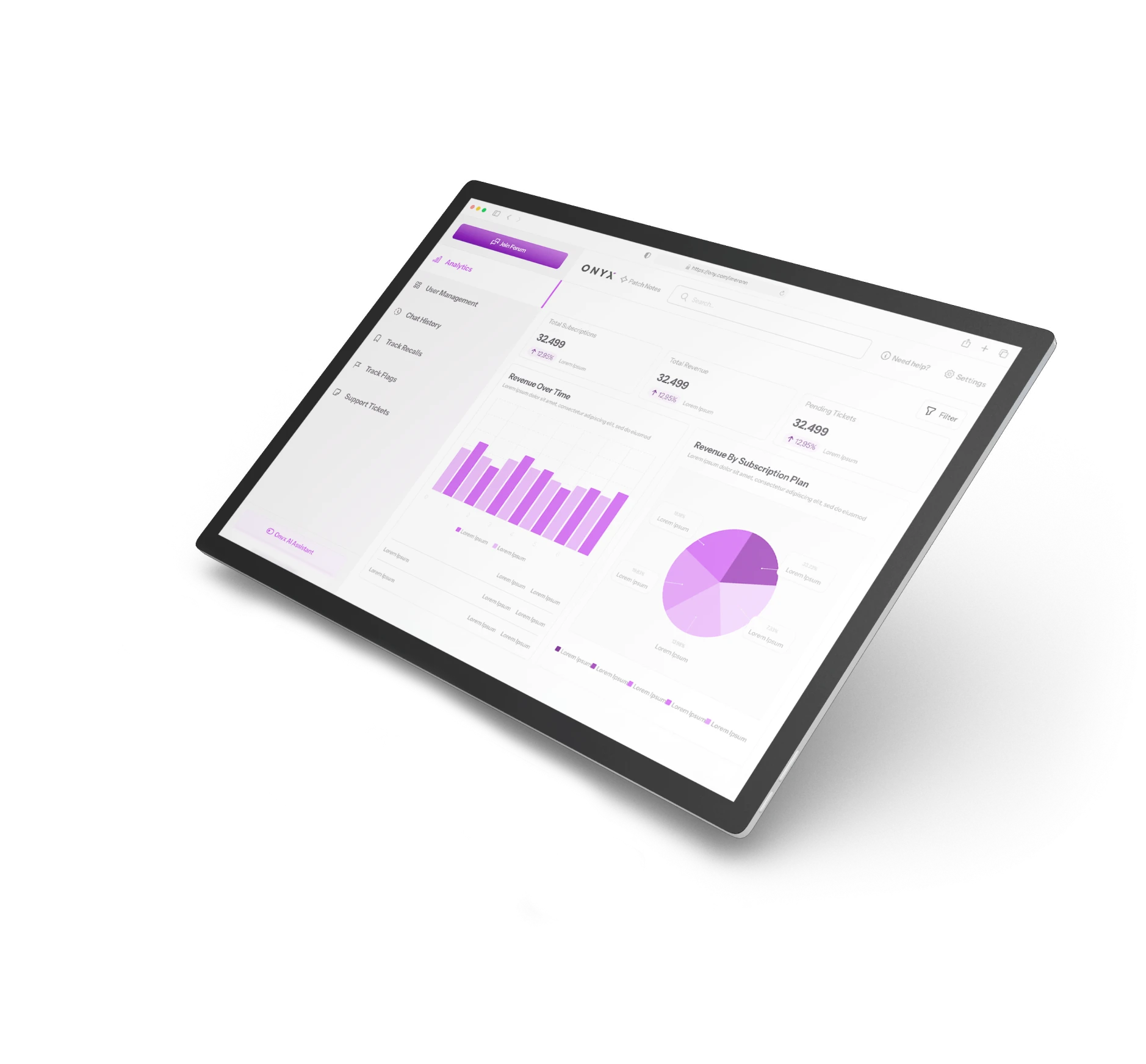 Dashboard de analytics no tablet, com assinaturas, receita e planos