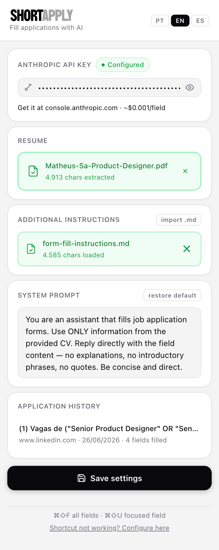 Popup do ShortApply configurado, com API key, currículo e instruções