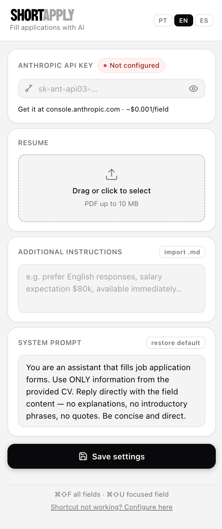 Popup do ShortApply vazio, pedindo a API key, o currículo em PDF e instruções